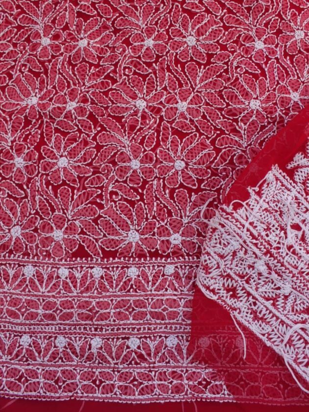 Red-georgette-chikankari-lucknowi-suit at Shilphaat.com