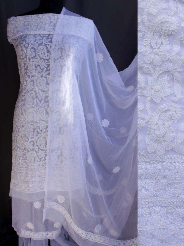 White-chikankari-georgette-dress-material at Shilphaat.com