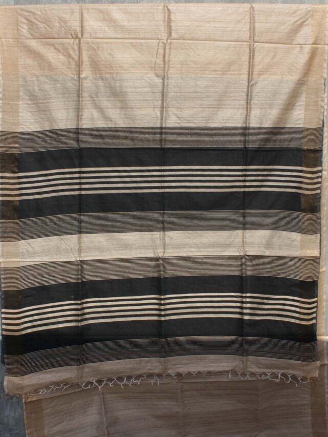 Black-Palla-beige-pure-Desi-tussar-silk-Saree at Shilphaat.com