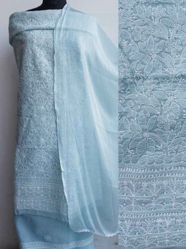Bluish-Grey-jaal-chikankari-cotton-dress-material at Shilphaat.com
