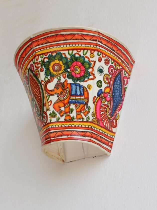 Elephant-and-Peacocks-Andhra-Leather-wall-lamp at Shilphaat.com