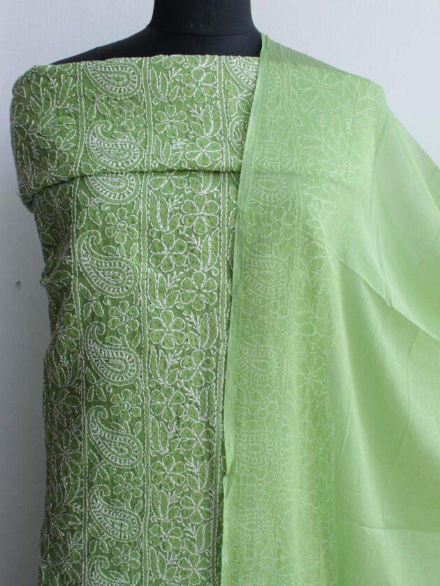Leaf-Green-jaal-chikankari-cotton-3pc-ladies-suit at Shilphaat.com