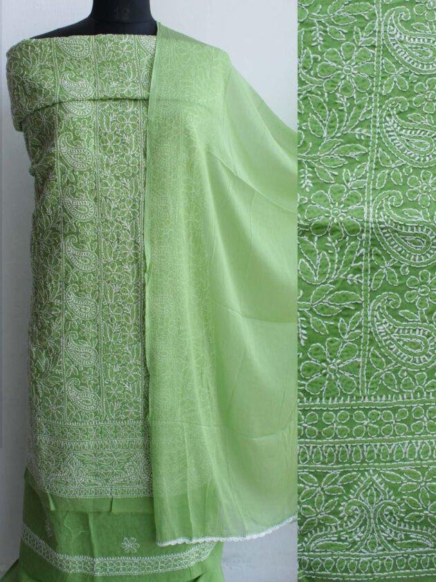 Leaf-Green-jaal-chikankari-cotton-dress-material at Shilphaat.com