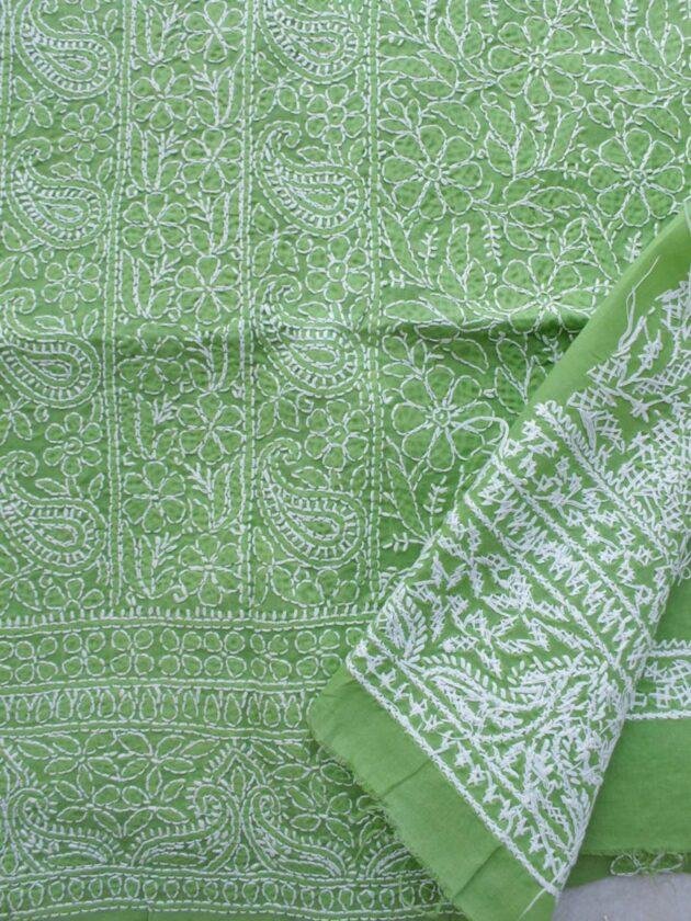 Leaf-green-jaal-chikankari-cotton-lucknowi-suit at Shilphaat.com