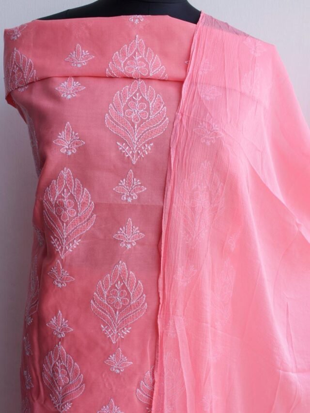 Orange-Pink-cotton-chikankari-buta-Ladies-suit at Shilphaat.com