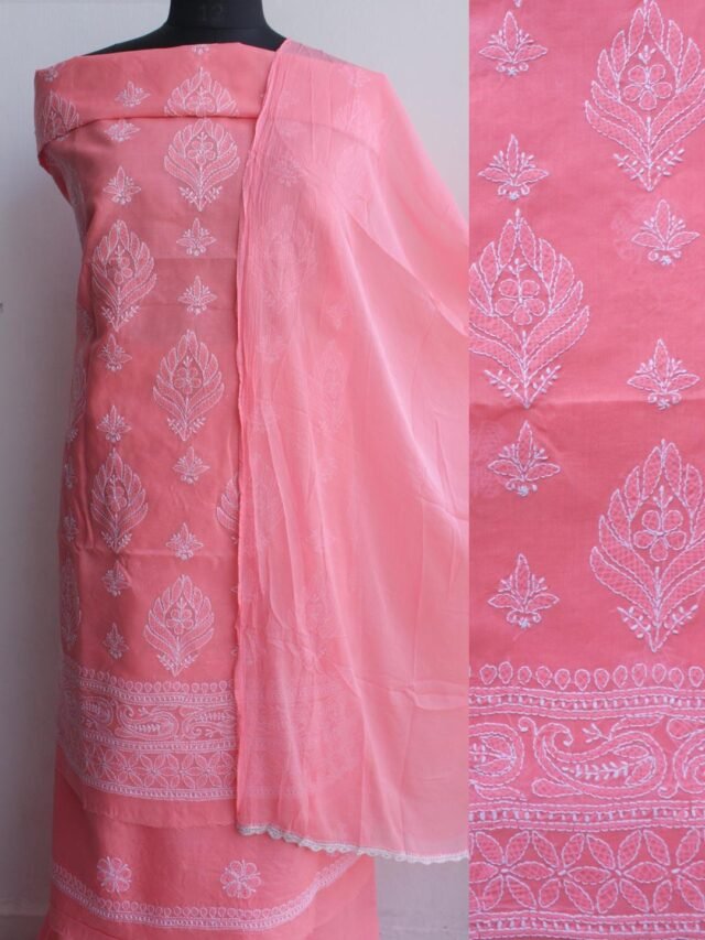 Orange-Pink-cotton-chikankari-buta-dress-material at Shilphaat.com