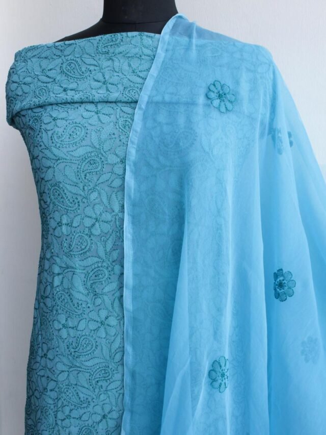 Blue-resham-chikankari-georgette-3p-ladies-suit at Shilphaat.com