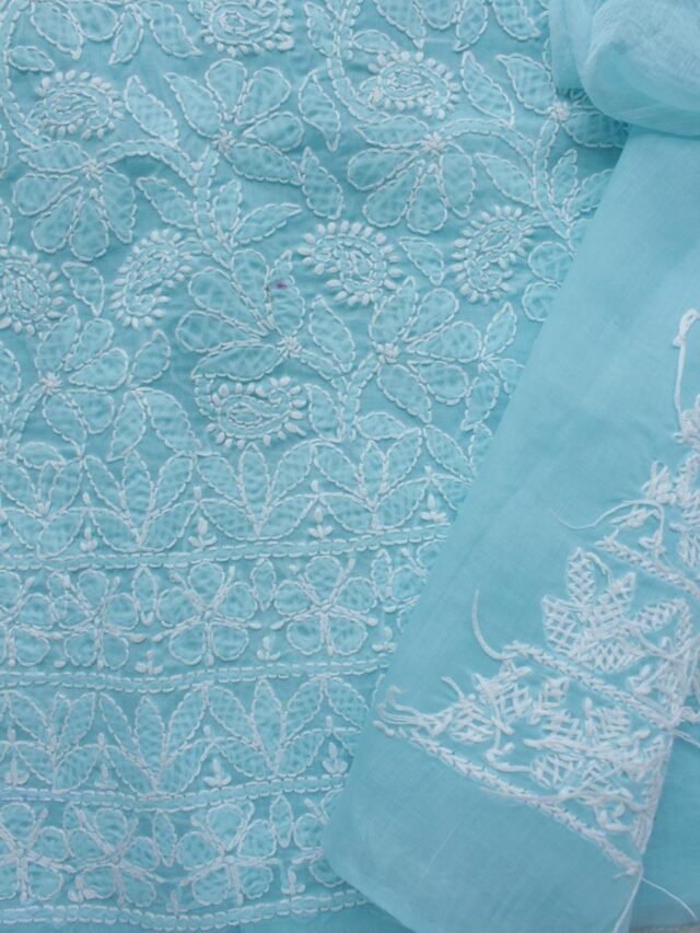 Light-Blue-jaal-chikankari-cotton-lucknowi-suit at Shilphaat