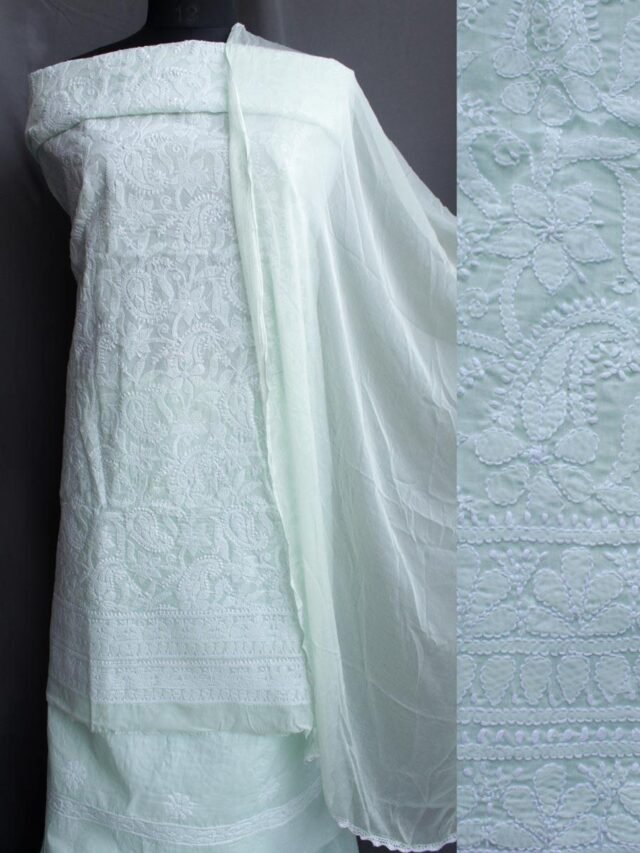 Milky-Green-jaal-chikankari-cotton-dress-material at Shilphaat.com