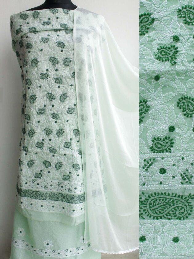 Pale-mint-green-paisley-chikankari-cotton-dress-material at Shilphaat.com