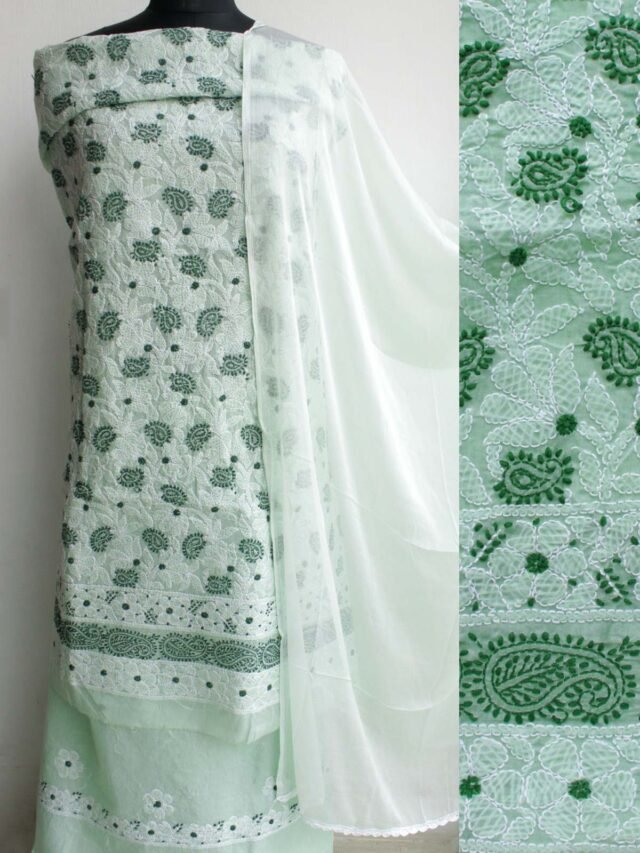 Pale-mint-green-paisley-chikankari-cotton-dress-material at Shilphaat.com
