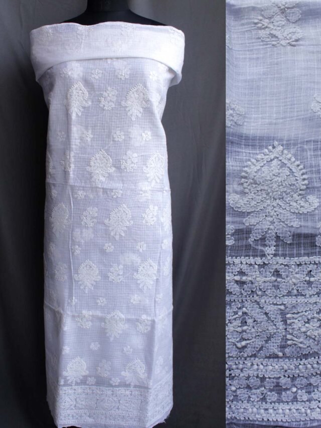 White-Kota-doria-chikankri-kurta-fabric at Shilphaat.com