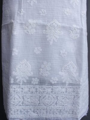 White-Kota-doria-cotton-chikankari-kurta-fabric at Shilphaat