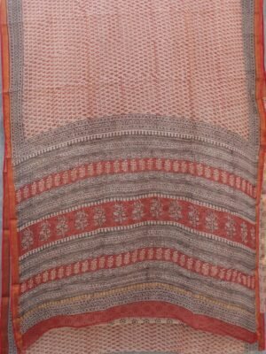 Ochre-Red-block-printed-Kota-cotton-sari at Shilphaat.com