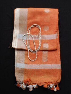 Rust-Orange-Silver-zari-pure-linen-saree at Shilphaat.com