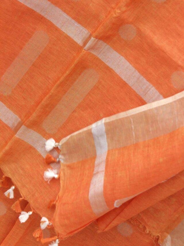 Rust-Orange-Silver-zari-pure-linen-sari at Shilphaat.com