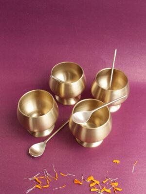 Handcrafted-premium-set-of-4-brass-dessert-bowl-and-spoon-pair
