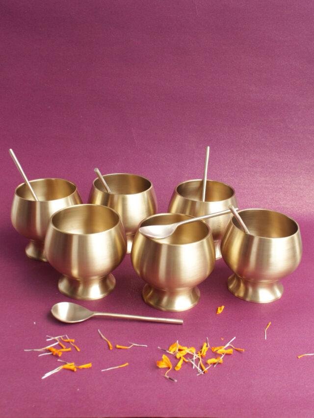 Handcrafted-premium-set-of-6-brass-dessert-bowl-and-spoon-pair at Shilphaat.com