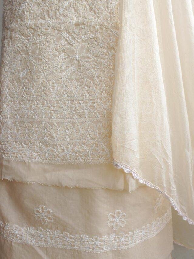 Beige-chikankari-cotton-3pc-lucknowi-suit-at Shilphaat.com