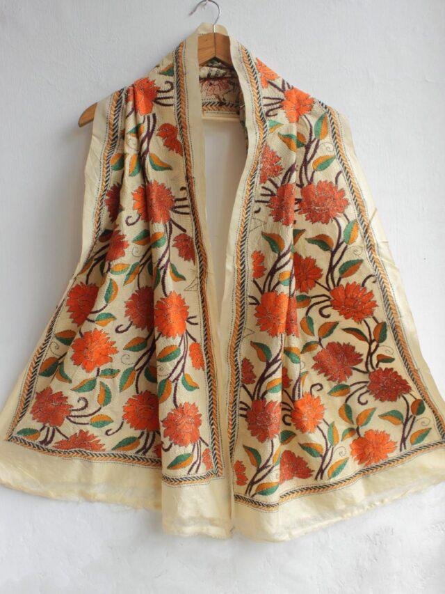 Brown-and-orange-flower-Kantahwork silk-stole-scarf at Shilphaat.com