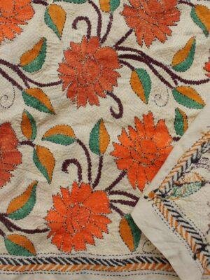 Brown-and-orange-flower-nakshi-kantha-silk-stole-scarf at Shilphaat.com