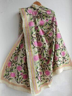 Dull-Pink-Roses-Kanthawork-silk-dupatta at Shilphaat.com