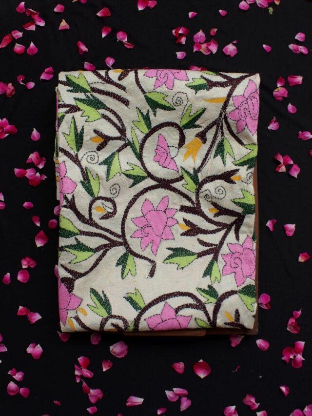 Dull-Pink-Roses-Nakshi-kantha-silk-dupatta at Shilphaat.com