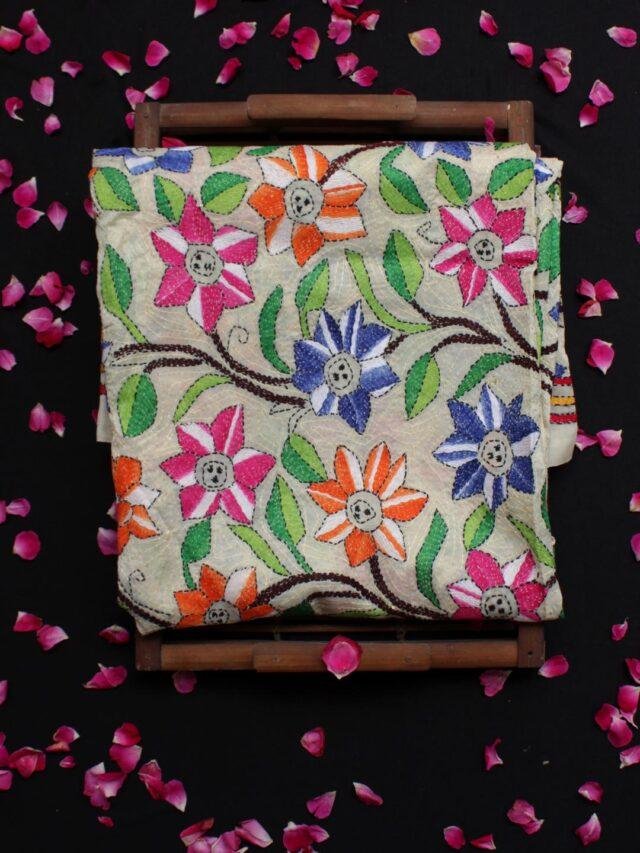 Multicolour-flowers-Nakshi-kantha-silk-dupatta at Shilphaat.com