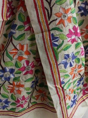 Multicolour-flowers-kantha-embroidered-silk-dupatta at Shilphaat.com