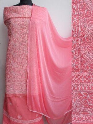 Orange-Pink-jaal-chikankari-cotton-dress-material at Shilphaat.com