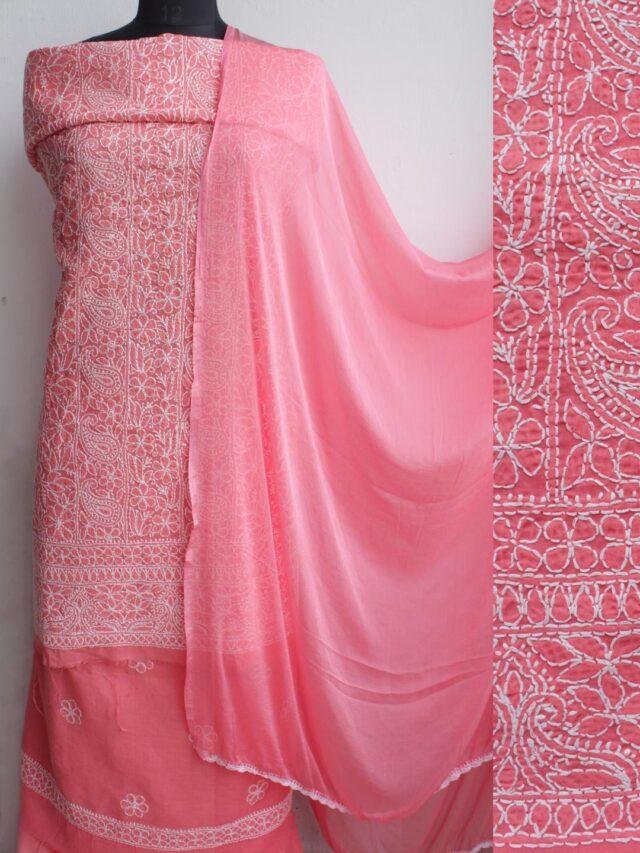 Orange-Pink-jaal-chikankari-cotton-dress-material at Shilphaat.com