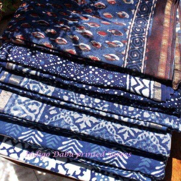 Cotton Indigo-Dabu-printed-sarees-Shilphaat