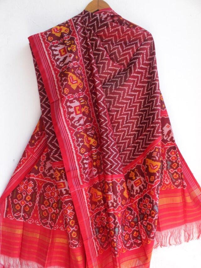 Maroon-Zig-zag-Double-Ikat-Patola-Silk-Dupatta at Shilphaat.com