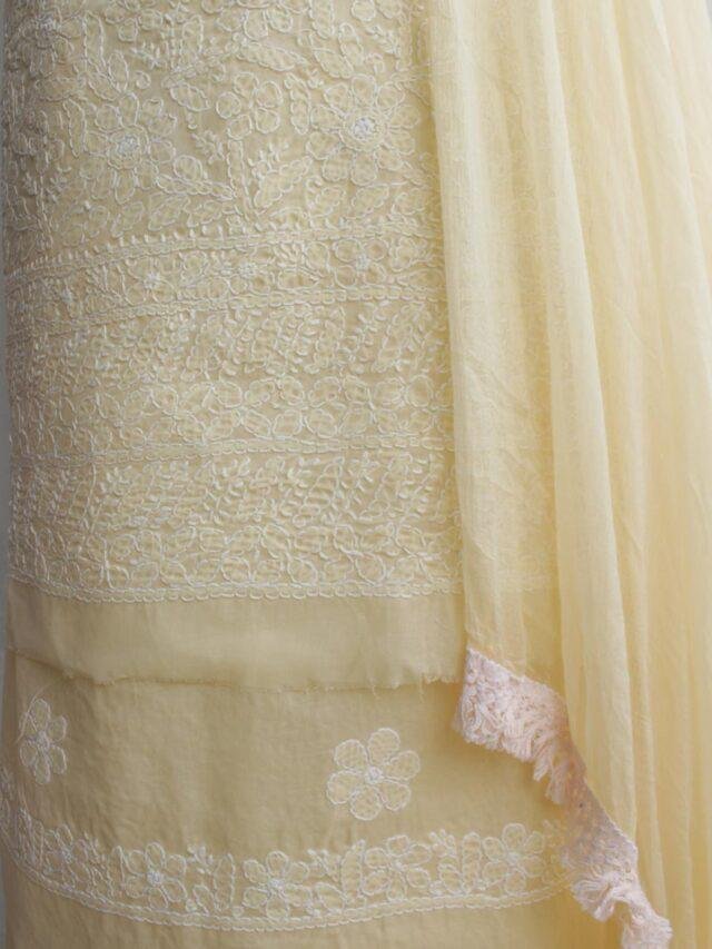 Pale-Yellow-chikankari-cotton-3pc-lucknowi-suit at shilphaat.com