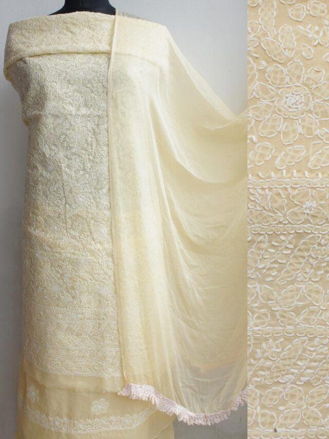 Pale-Yellow Chikankari cotton dress-material at Shilphaat.com