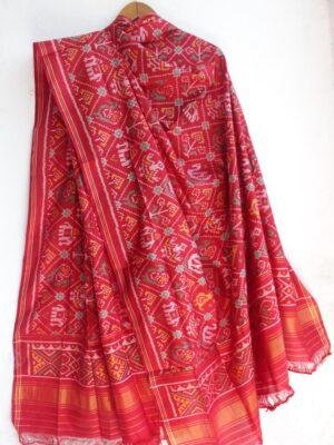 Red-Hathi-popat-semi-Double-Ikat-Patola-Silk-Dupatta at Shilphaat.com