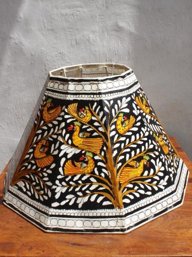 Yellow-Birds-on-Black-Base-Leather-Lampshade-S