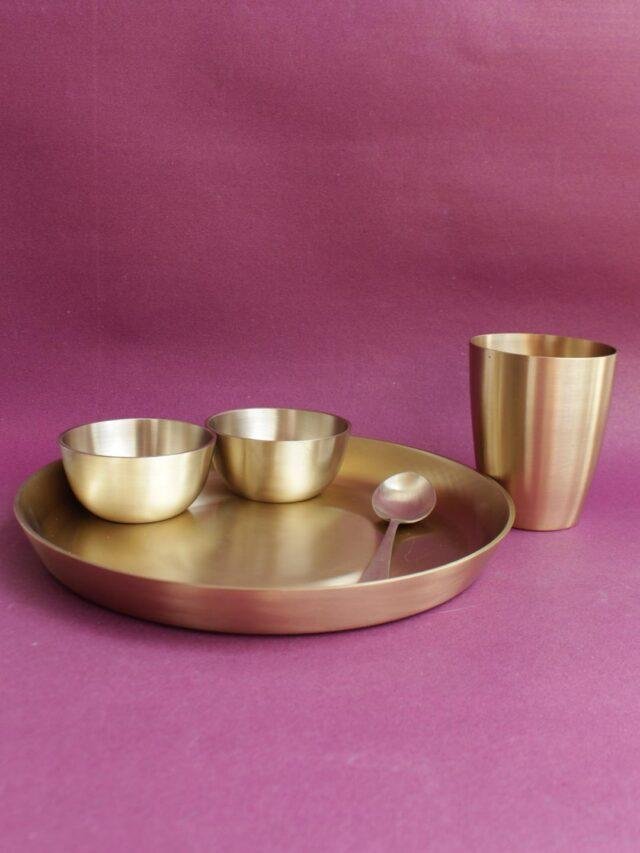 tapered-glass-handcrafted-Brass thali-set-of-5 at Shilphaat.com