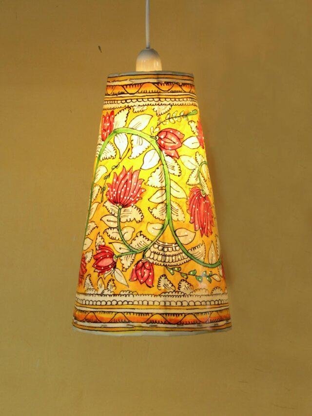Yellow and-Pink-Lotus-tholu-bommalata-hanging-lamp-at Shilphaat.com