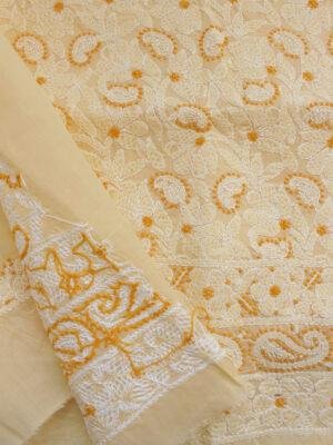 Beige-yellow-chikankari-cotton-lucknowi-suit at Shilphaat.com
