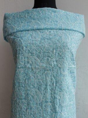 Cyan-Blue-cotton-chikankri-kurta-fabric