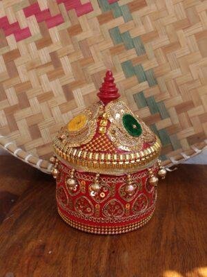 Red-sequins-lace-small-wooden-sindur-box at Silphaat.com