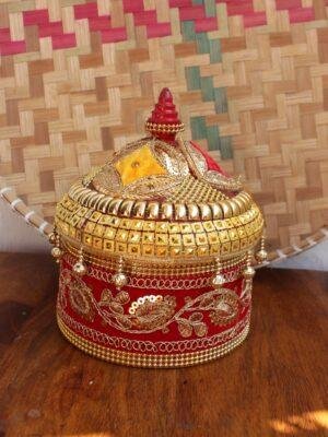 Red-zari-lace-big-wooden-sindoor-box at Shilphaat.com