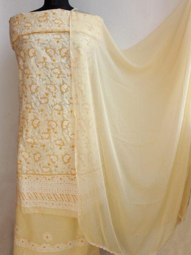 Yellow Cotton Chikankari Dress-Material  Shilphaat.com