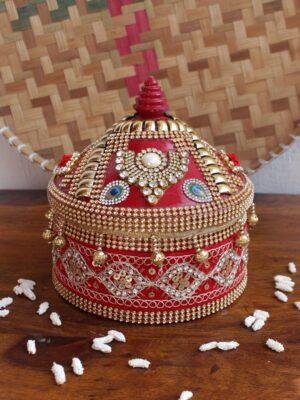 Crystal-Red-lace-wooden-sindur-box at Shilphaat.com