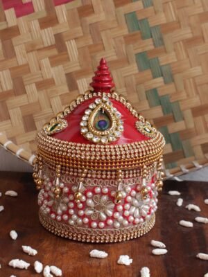 Crystal-and-pearls-small-wooden-sindoor-box at Shilphaat.com