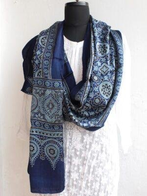 Indigo-and-Black-Modal-silk-Ajrakh-block-printed-stole Shilphaat