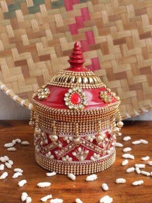 Red-Crystal-and-beads-small-wooden-sindoor-box at Shilphaat.com
