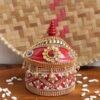 Red-Crystal-and-beads-small-wooden-sindur-box at Shilphaat.com
