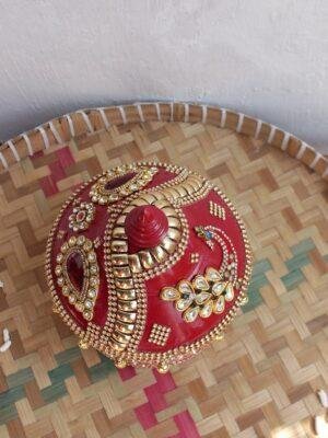 Red-Crystal-lace-wedding-wood-sindur-box at Shilphaat.com